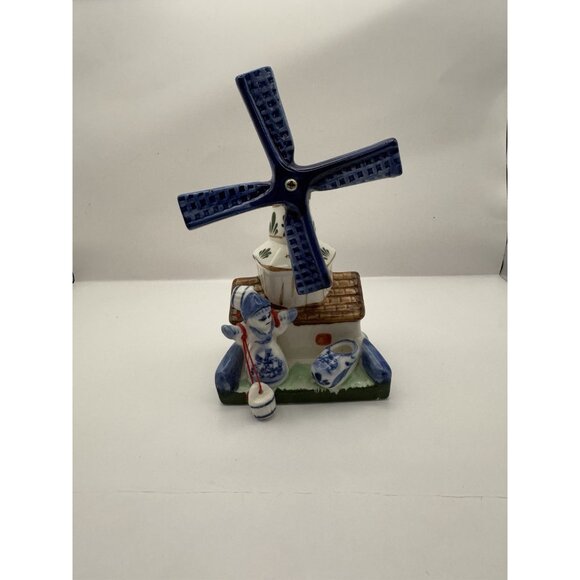 Delft Blue Handpainted Holland Souvenir Ceramic Windmill With Girl Shoe 5” - Picture 3 of 8